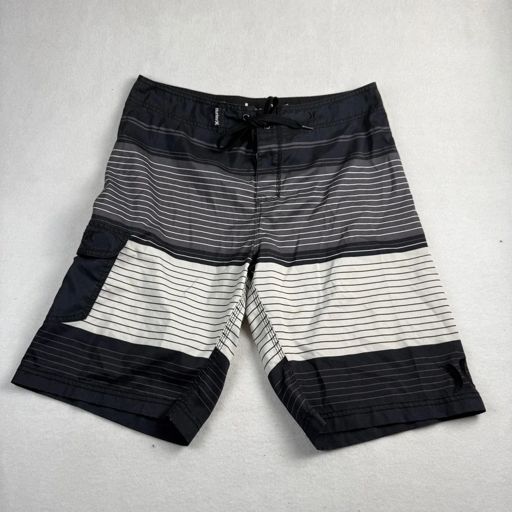 Hurley‎ Mens Striped Board Shorts Black Grey White Size 33 B5253-00 MBS0002980